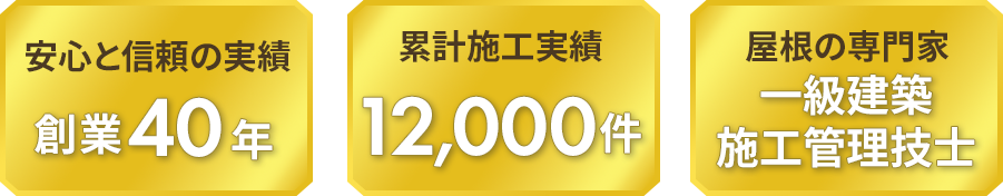安心と信頼の実績　創業40年、累計施工実績12,000件、屋根の専門家　一級建築士施工管理技士
