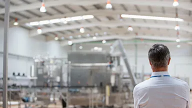 工場内環境、工場内をみている男性